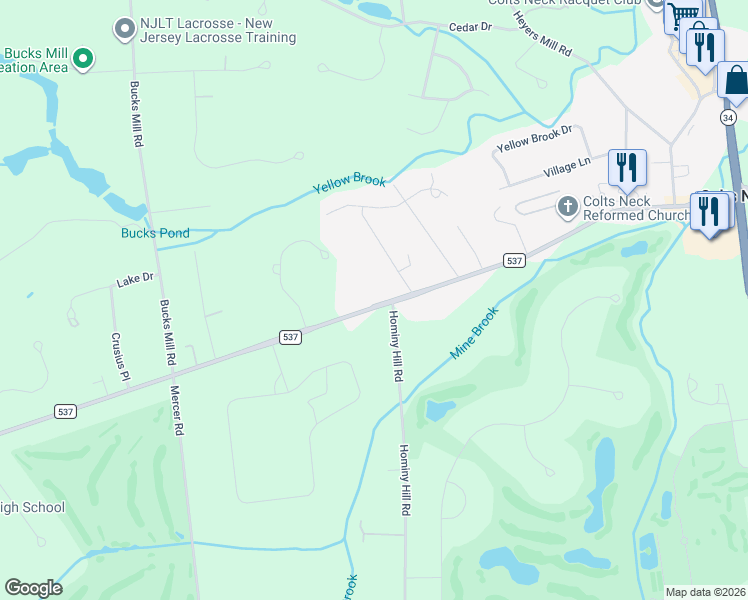 map of restaurants, bars, coffee shops, grocery stores, and more near 99 County Road 537 in Monmouth County