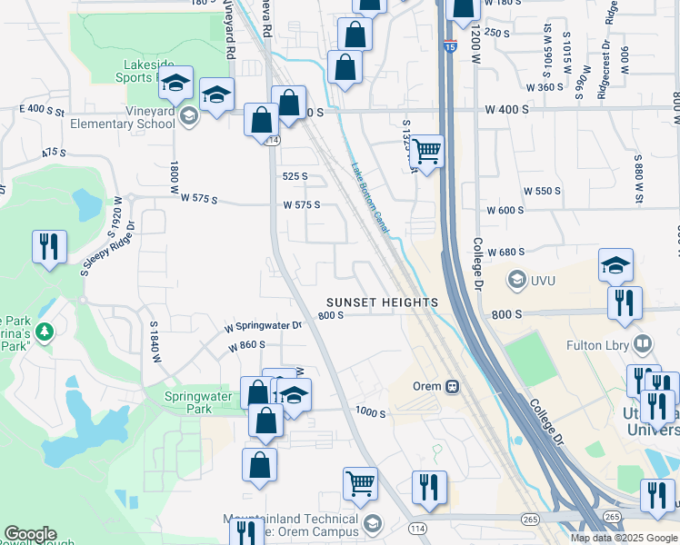 map of restaurants, bars, coffee shops, grocery stores, and more near 1466 West 730 South Street in Orem