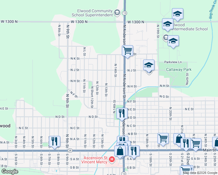 map of restaurants, bars, coffee shops, grocery stores, and more near 748 North 14th Street in Elwood