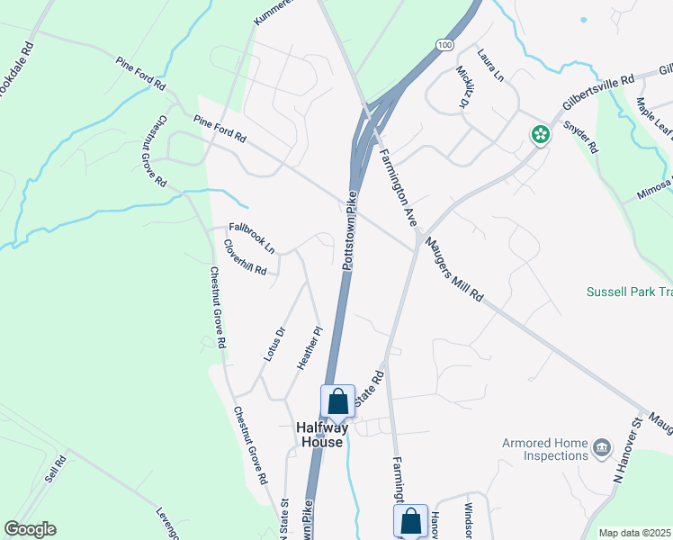 map of restaurants, bars, coffee shops, grocery stores, and more near 1050 Fallbrook Lane in Pottstown