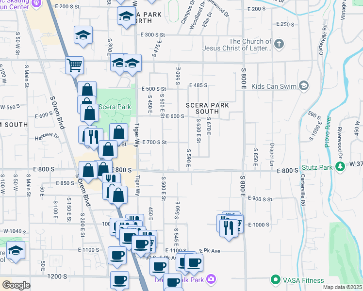 map of restaurants, bars, coffee shops, grocery stores, and more near 709 South 560 East in Orem