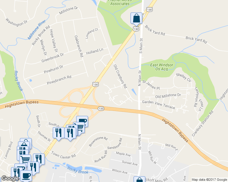 map of restaurants, bars, coffee shops, grocery stores, and more near 9 Montgomery Court in East Windsor
