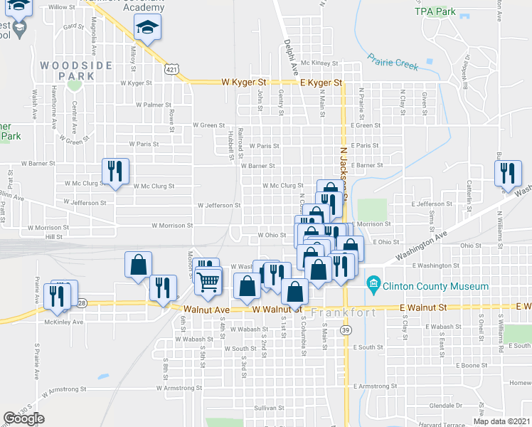 map of restaurants, bars, coffee shops, grocery stores, and more near 451 John Street in Frankfort