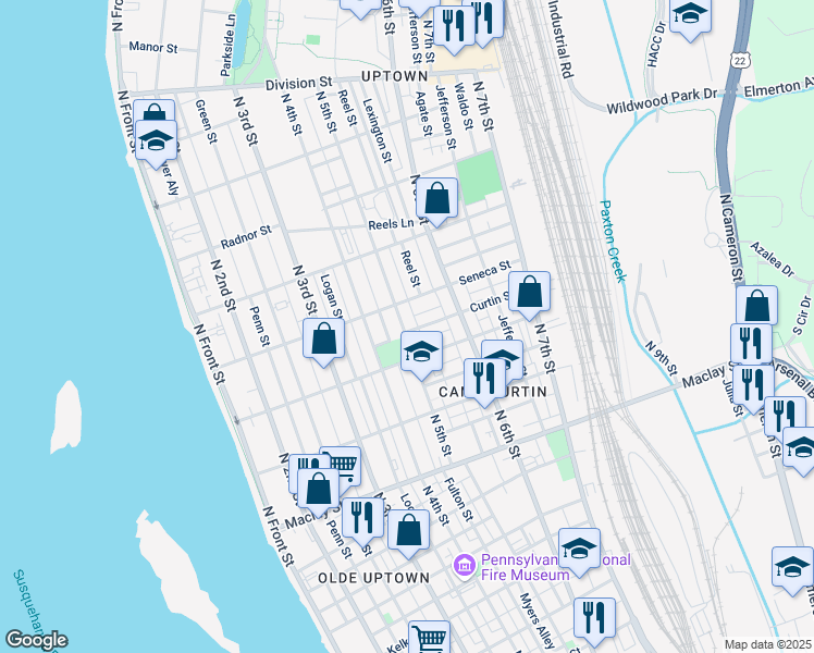 map of restaurants, bars, coffee shops, grocery stores, and more near 502 Curtin St in Harrisburg