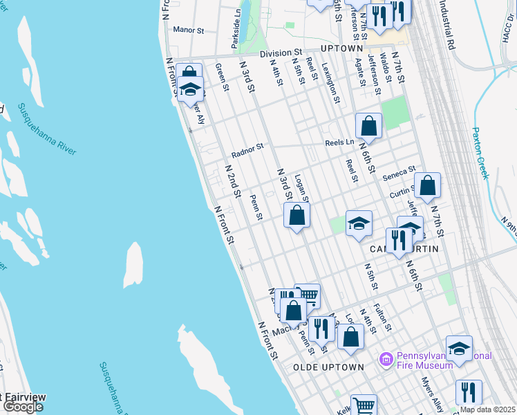 map of restaurants, bars, coffee shops, grocery stores, and more near 2419 Penn Street in Harrisburg