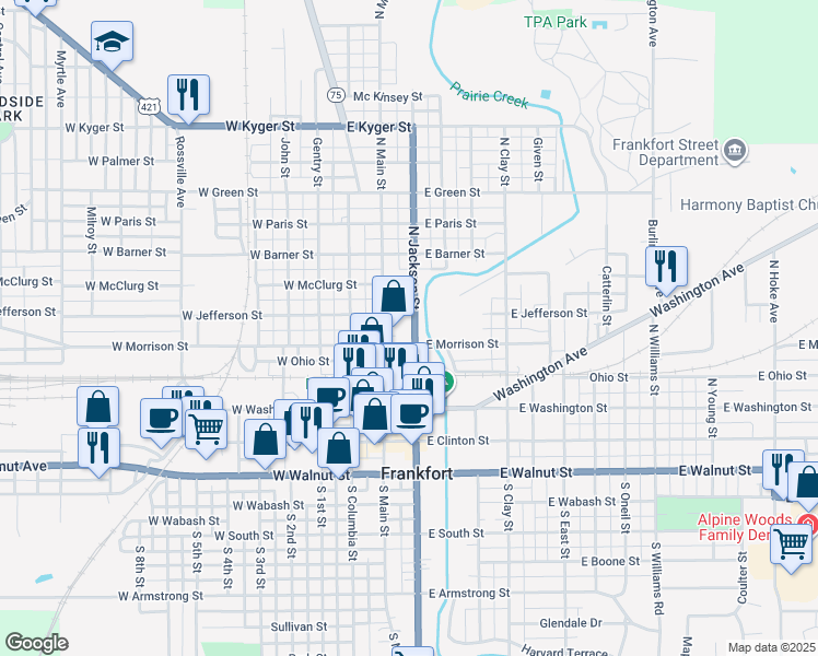 map of restaurants, bars, coffee shops, grocery stores, and more near 450 North Jackson Street in Frankfort