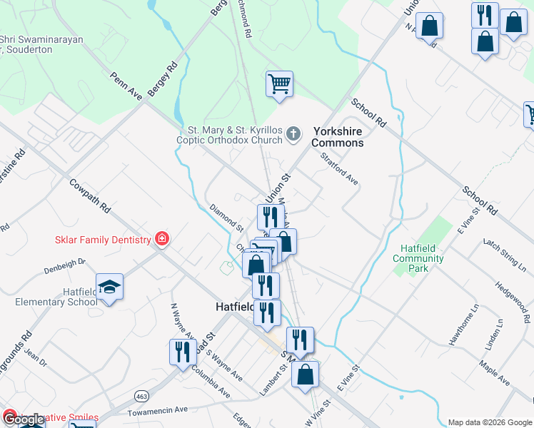 map of restaurants, bars, coffee shops, grocery stores, and more near 75 N Market St in Hatfield