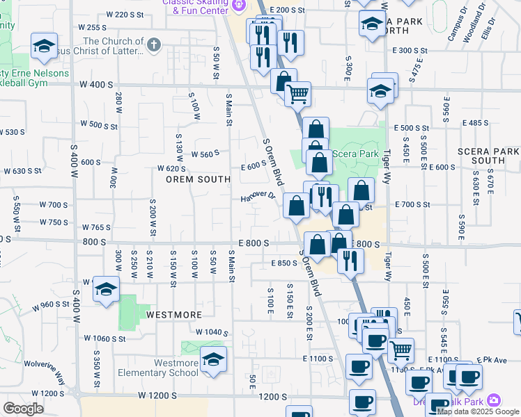 map of restaurants, bars, coffee shops, grocery stores, and more near 41 East 700 South in Orem