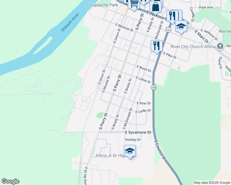 map of restaurants, bars, coffee shops, grocery stores, and more near 931 South Perry Street in Attica