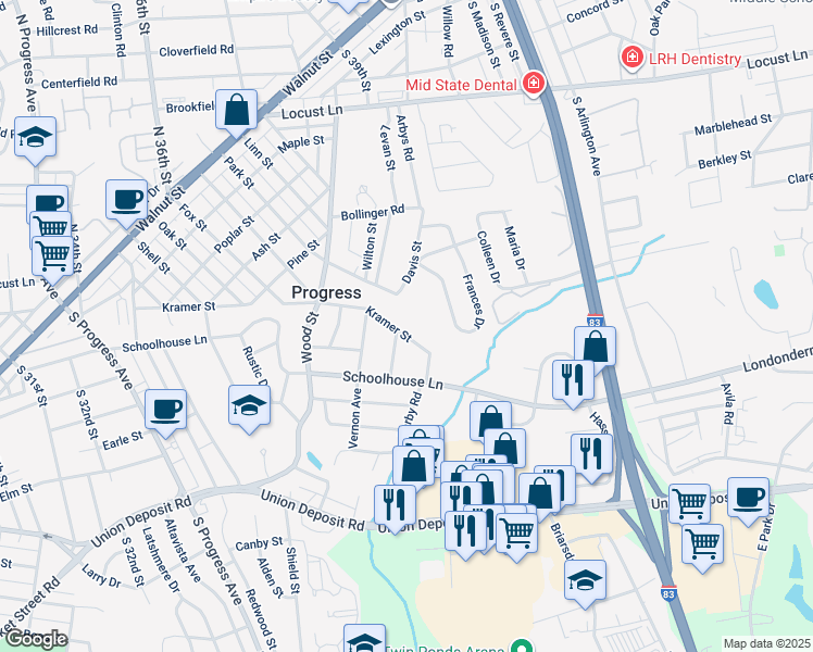 map of restaurants, bars, coffee shops, grocery stores, and more near 3816 Kramer Street in Harrisburg