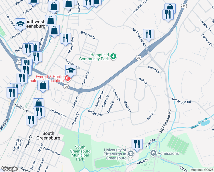 map of restaurants, bars, coffee shops, grocery stores, and more near 1105 Rosedale Dr in Greensburg