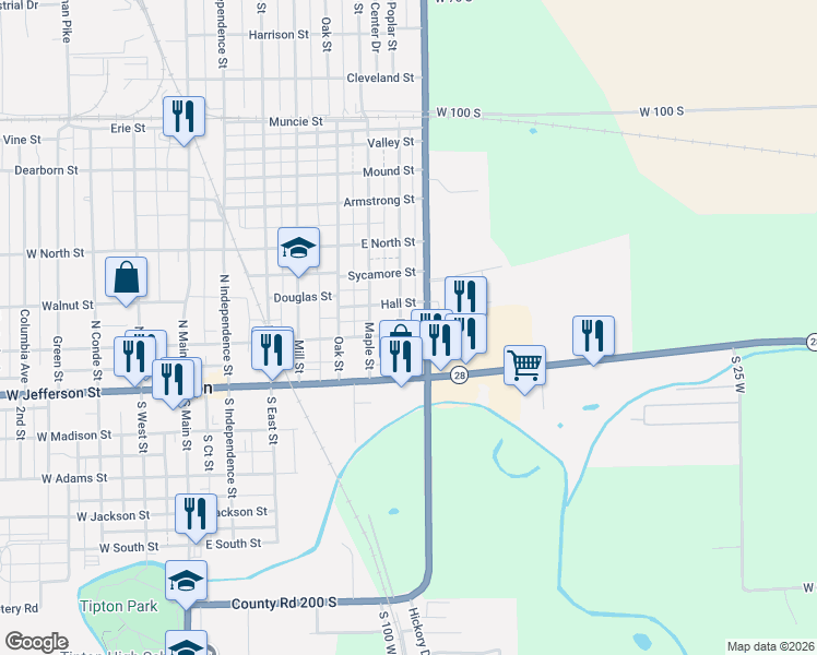 map of restaurants, bars, coffee shops, grocery stores, and more near 702 East Washington Street in Tipton