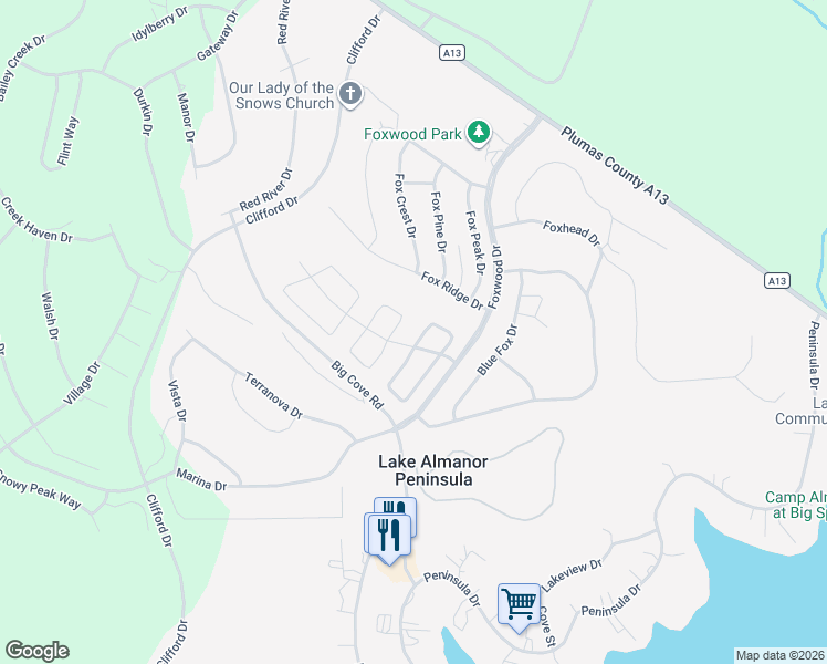 map of restaurants, bars, coffee shops, grocery stores, and more near 39 Grand Fir Road in Lake Almanor Peninsula