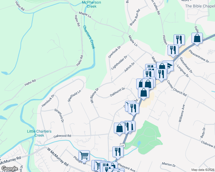 map of restaurants, bars, coffee shops, grocery stores, and more near 138 Mount Blaine Drive in Canonsburg