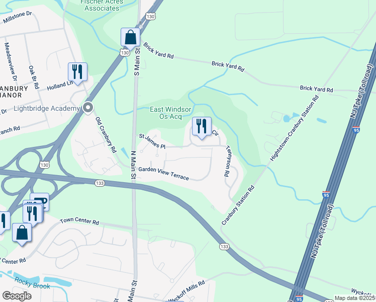 map of restaurants, bars, coffee shops, grocery stores, and more near 23 Old Millstone Drive in East Windsor