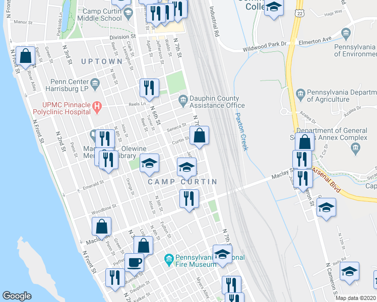 map of restaurants, bars, coffee shops, grocery stores, and more near 640 Emerald Street in Harrisburg