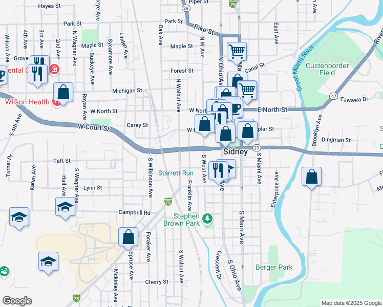 map of restaurants, bars, coffee shops, grocery stores, and more near 210 Franklin Avenue in Sidney