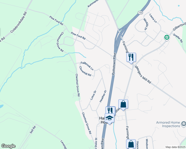map of restaurants, bars, coffee shops, grocery stores, and more near 1520 Cloverhill Road in Pottstown