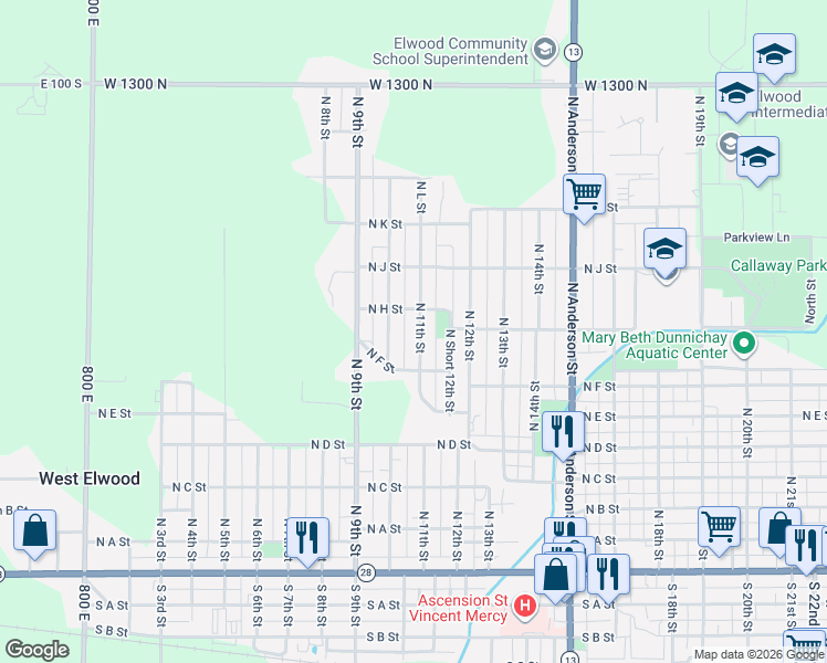 map of restaurants, bars, coffee shops, grocery stores, and more near 832 N 11th St in Elwood