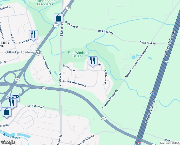 map of restaurants, bars, coffee shops, grocery stores, and more near 25 Old Millstone Drive in East Windsor