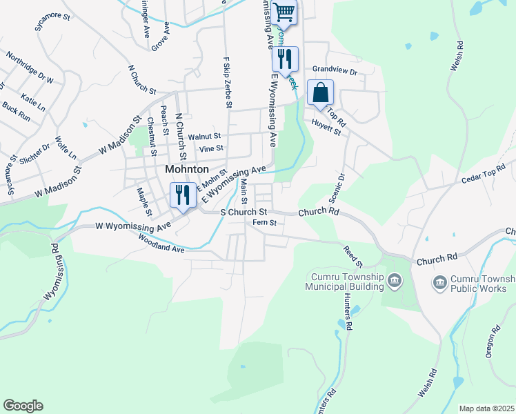 map of restaurants, bars, coffee shops, grocery stores, and more near 133 South Church Street in Mohnton