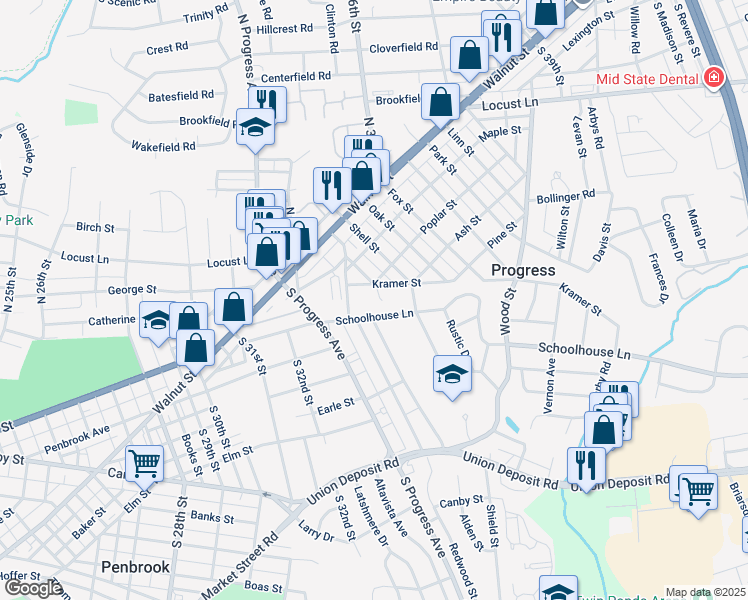 map of restaurants, bars, coffee shops, grocery stores, and more near 201 Short St in Harrisburg