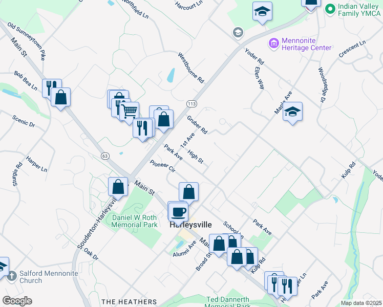 map of restaurants, bars, coffee shops, grocery stores, and more near 543 High Street in Harleysville