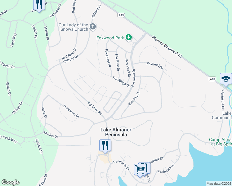 map of restaurants, bars, coffee shops, grocery stores, and more near 8 Silver Pine Dr in Lake Almanor Peninsula