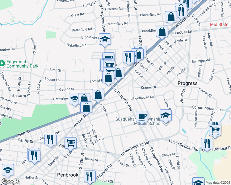 map of restaurants, bars, coffee shops, grocery stores, and more near 51 South Progress Avenue in Harrisburg