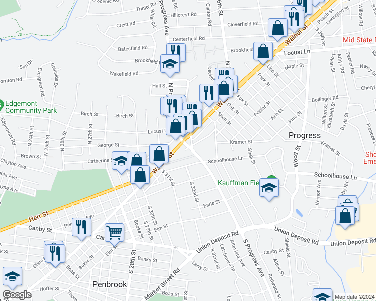 map of restaurants, bars, coffee shops, grocery stores, and more near 51 South Progress Avenue in Harrisburg