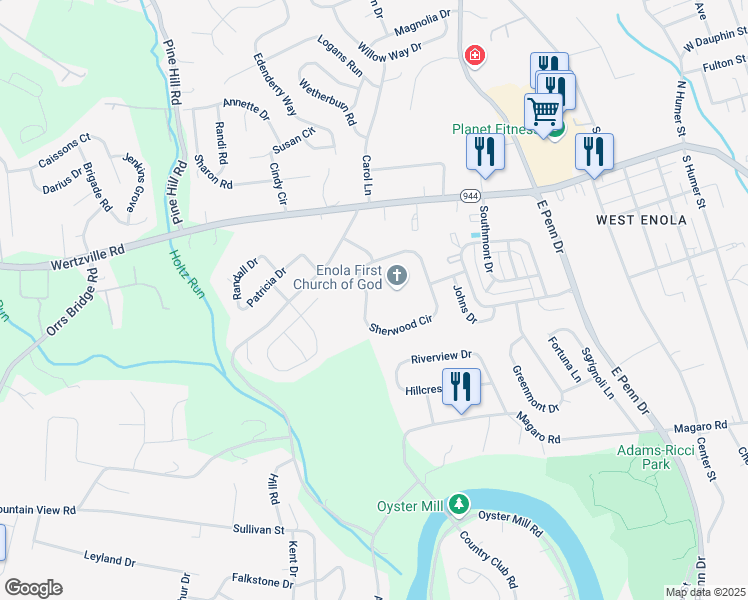 map of restaurants, bars, coffee shops, grocery stores, and more near 69 Sherwood Circle in Enola