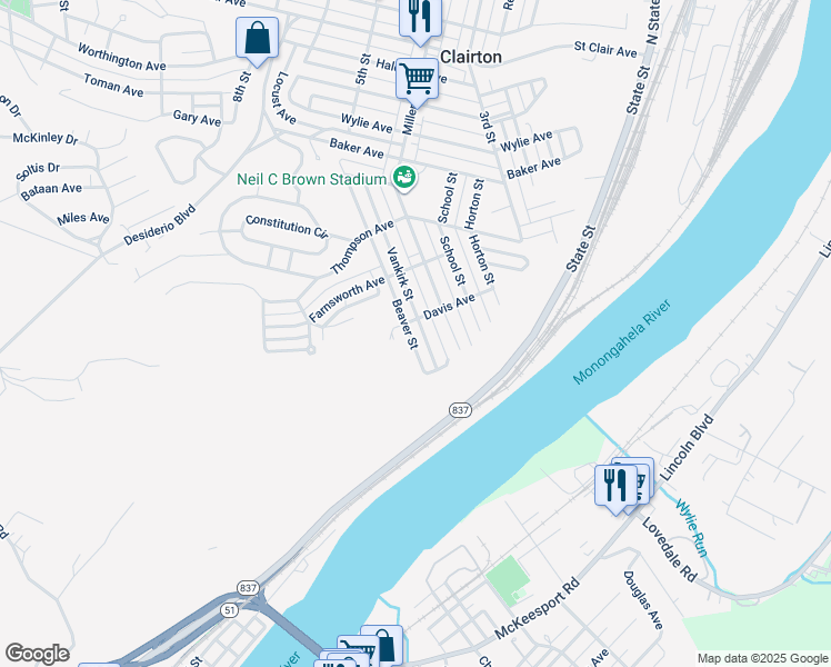 map of restaurants, bars, coffee shops, grocery stores, and more near 909 Vankirk Street in Clairton
