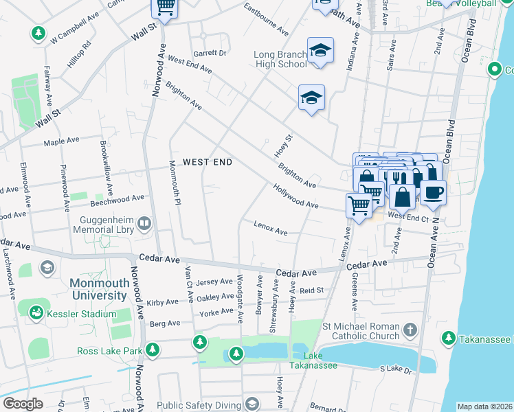 map of restaurants, bars, coffee shops, grocery stores, and more near 603 Woodgate Avenue in Long Branch