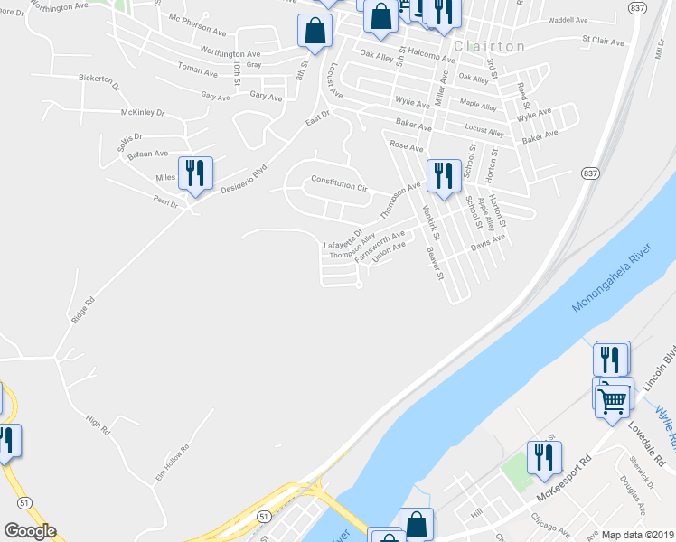 map of restaurants, bars, coffee shops, grocery stores, and more near 610 Farnsworth Avenue in Clairton