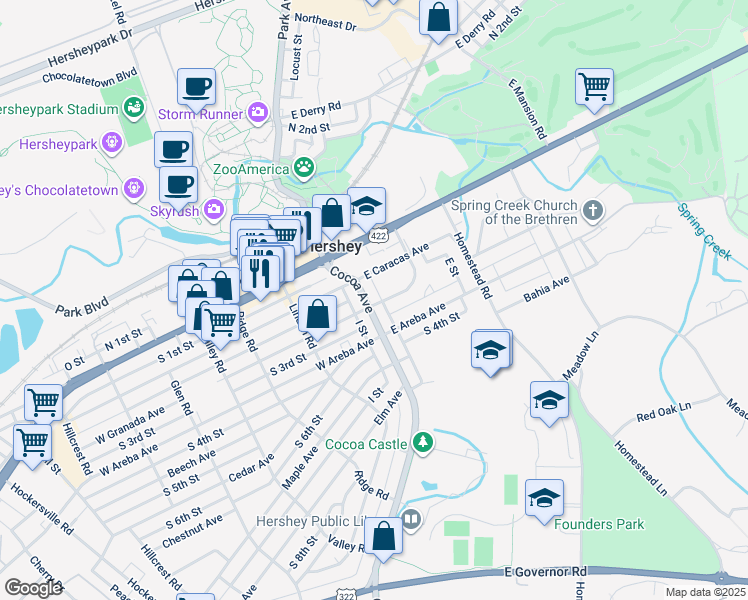 map of restaurants, bars, coffee shops, grocery stores, and more near 129 Cocoa Avenue in Hershey