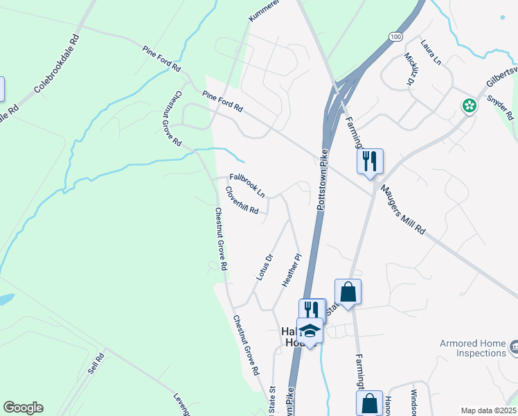map of restaurants, bars, coffee shops, grocery stores, and more near 1518 Cloverhill Road in Pottstown