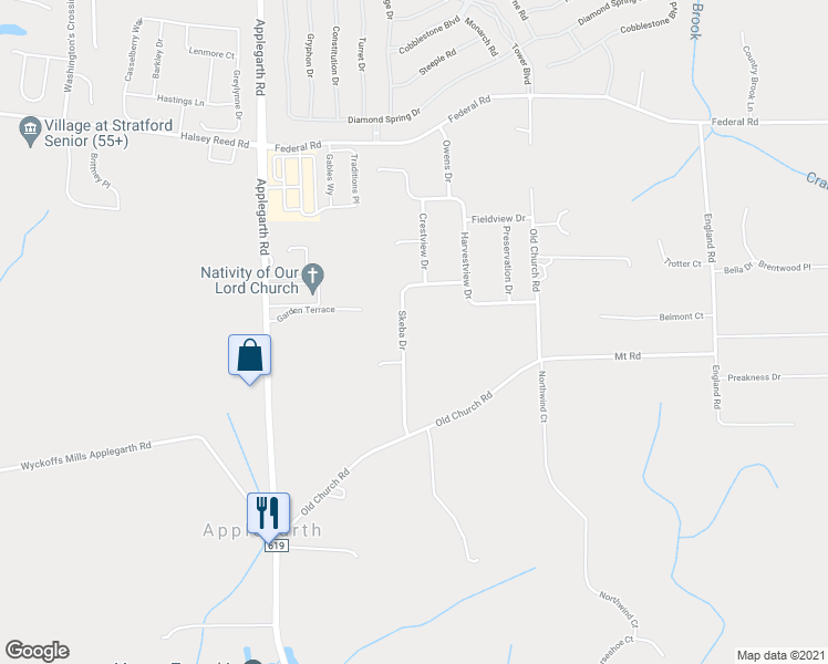 map of restaurants, bars, coffee shops, grocery stores, and more near 18 Skeba Drive in Monroe Township