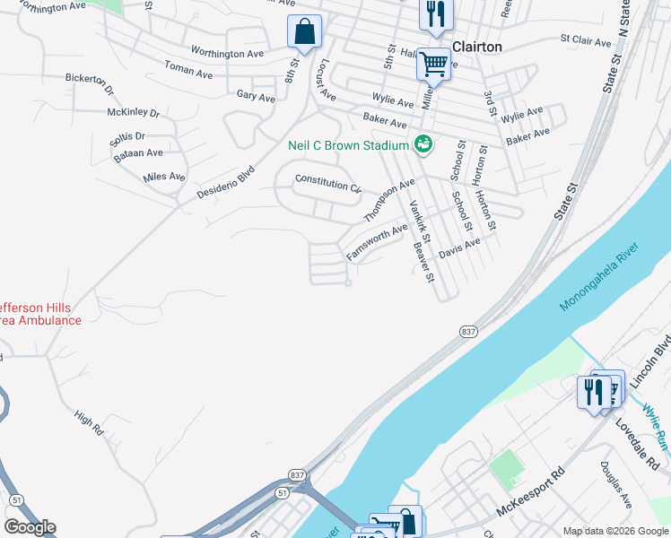 map of restaurants, bars, coffee shops, grocery stores, and more near 610 Farnsworth Ave in Clairton