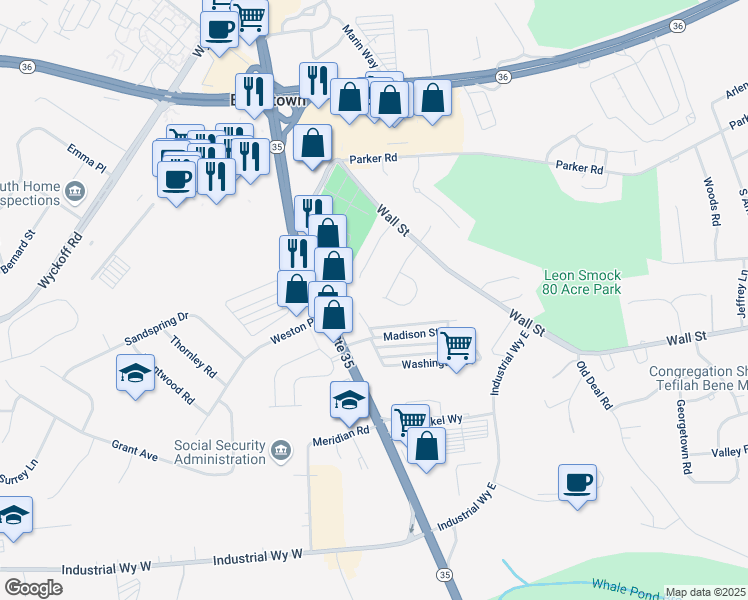 map of restaurants, bars, coffee shops, grocery stores, and more near 16 Judy Road in Eatontown