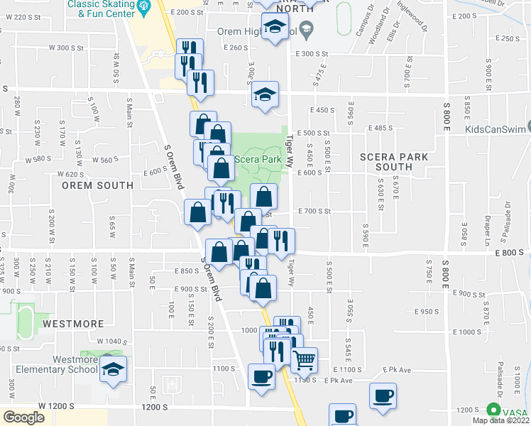 map of restaurants, bars, coffee shops, grocery stores, and more near 345 East 720 South Street in Orem