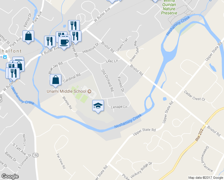 map of restaurants, bars, coffee shops, grocery stores, and more near 182 Old Orchard Road in Chalfont