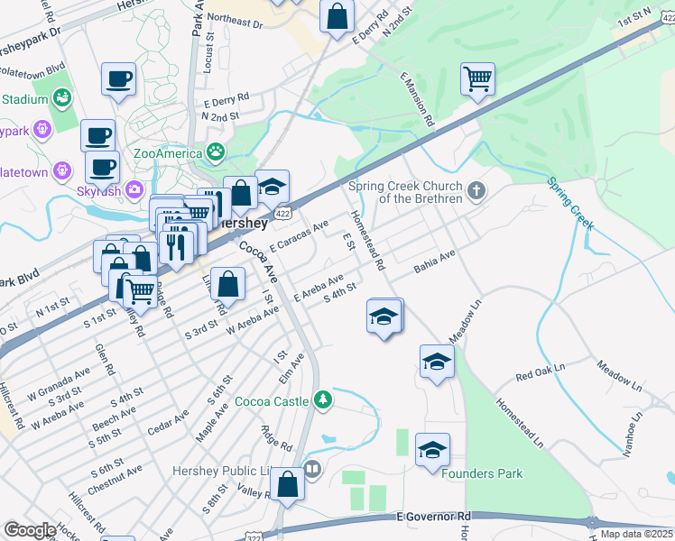 map of restaurants, bars, coffee shops, grocery stores, and more near 109 East Areba Avenue in Hershey