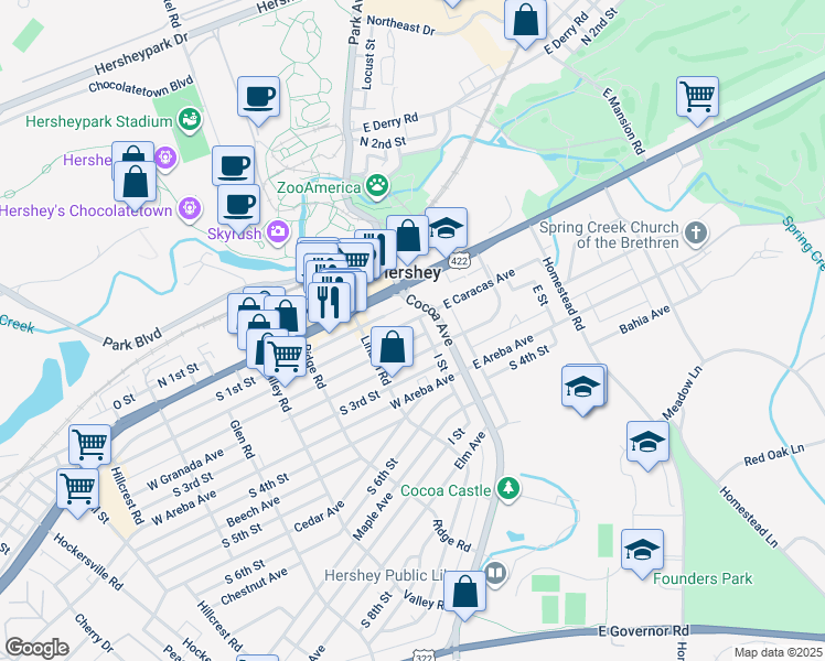 map of restaurants, bars, coffee shops, grocery stores, and more near 30 West Caracas Avenue in Hershey
