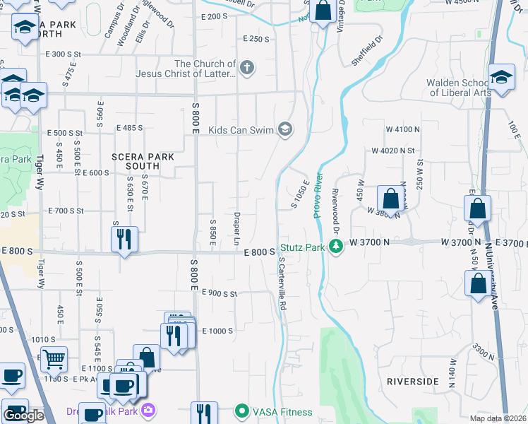 map of restaurants, bars, coffee shops, grocery stores, and more near 733 South Palisade Drive in Orem