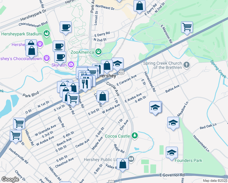 map of restaurants, bars, coffee shops, grocery stores, and more near 30 West Caracas Avenue in Hershey