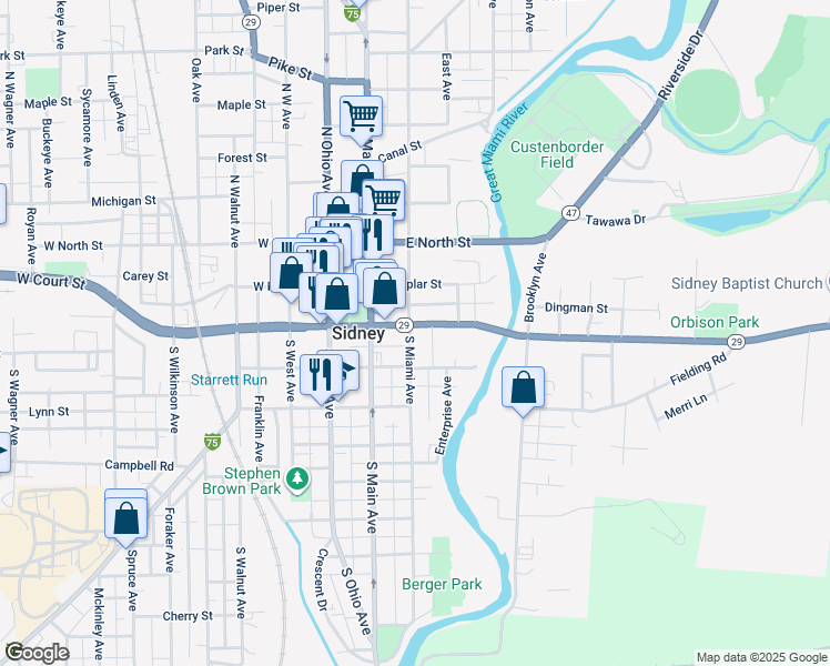 map of restaurants, bars, coffee shops, grocery stores, and more near 313 East Court Street in Sidney