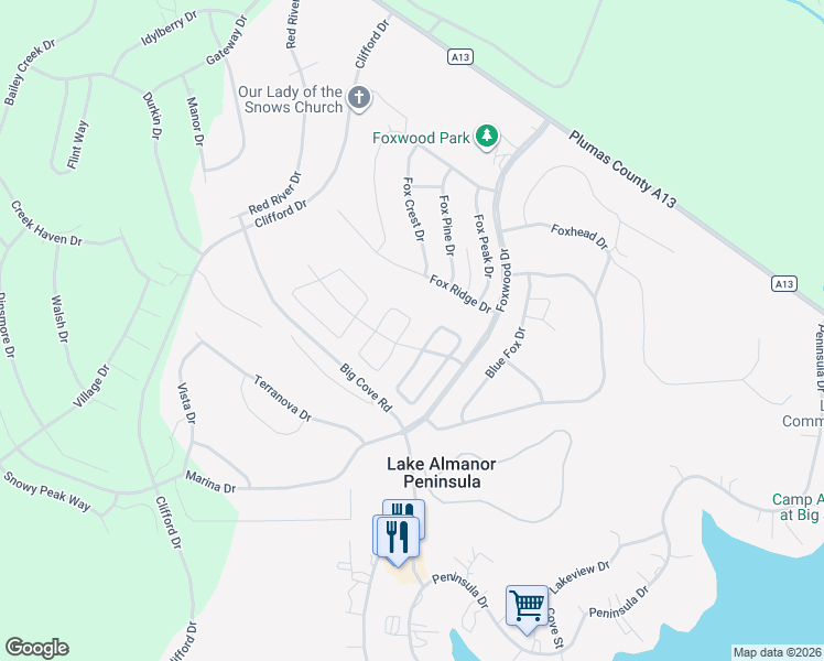 map of restaurants, bars, coffee shops, grocery stores, and more near 39 Grand Fir Road in Lake Almanor Peninsula