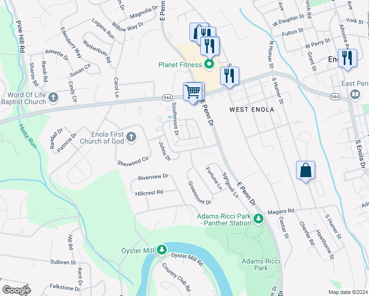 map of restaurants, bars, coffee shops, grocery stores, and more near 76 Tory Circle in Enola