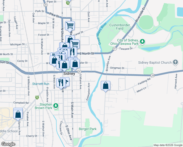 map of restaurants, bars, coffee shops, grocery stores, and more near 401 East Court Street in Sidney