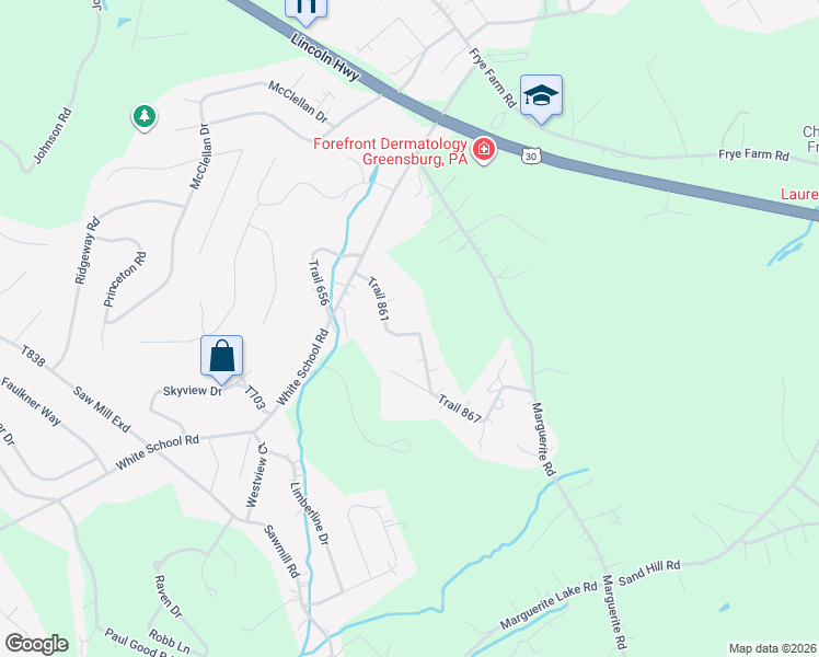 map of restaurants, bars, coffee shops, grocery stores, and more near 241 Trail 861 in Greensburg